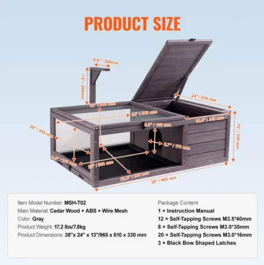 Wooden Tortoise House Indoor & Outdoor 2-Room 38x24x13in