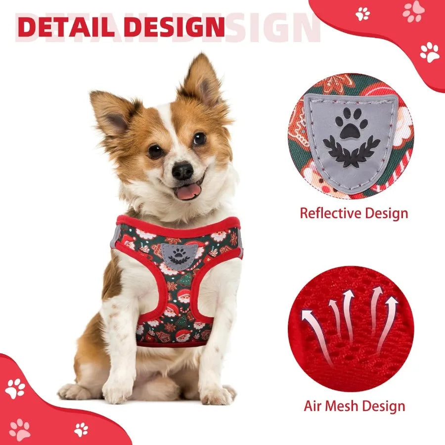 Christmas Dog Harness for Small Medium Dogs Stepin No Pull Soft Mesh Padded Adjustable and Reflective Pet Vest Harness Set with