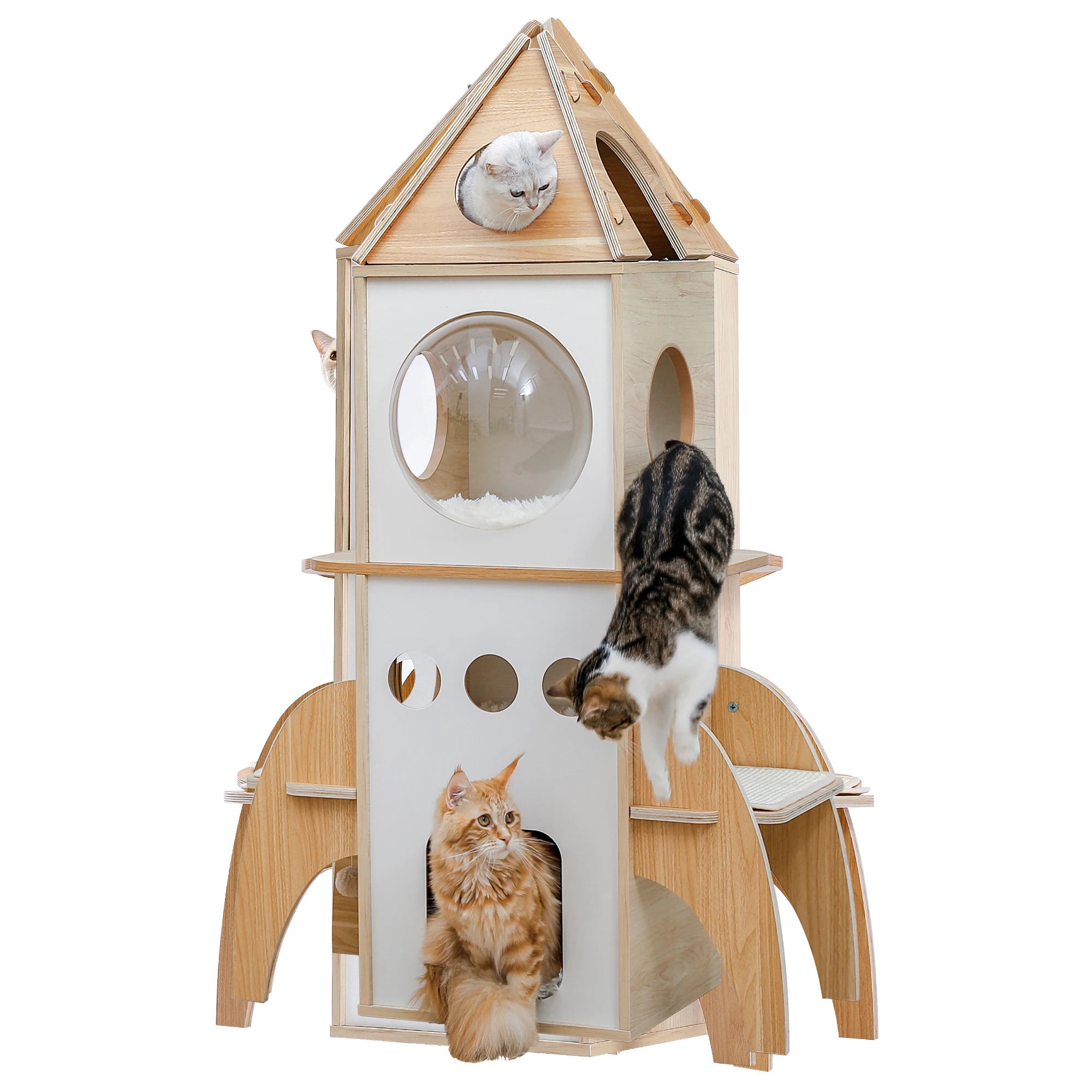 Rocket Cat Tree Tower Multilevel Scratching  Posts, Wooden Cat Tower