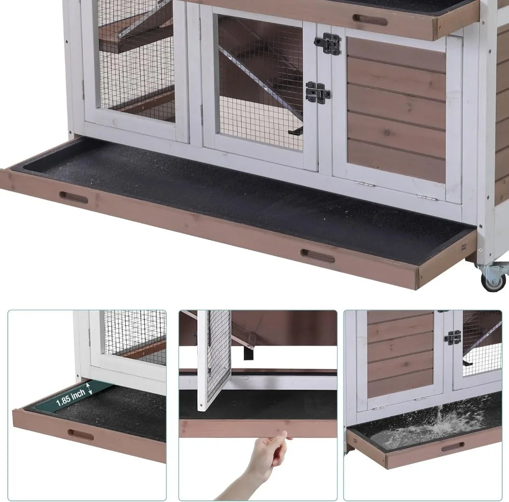 Rabbit Hutch Indoor Bunny House Guinea Pig Cage with Sliding Plastic Trays, Wheels & Ramp, Multi-Door