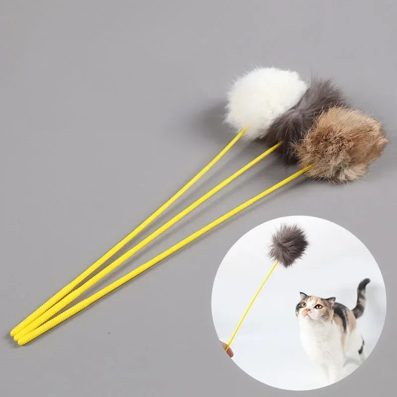 Tease Cat Stick Faux Rabbit Fur Pompom Plush