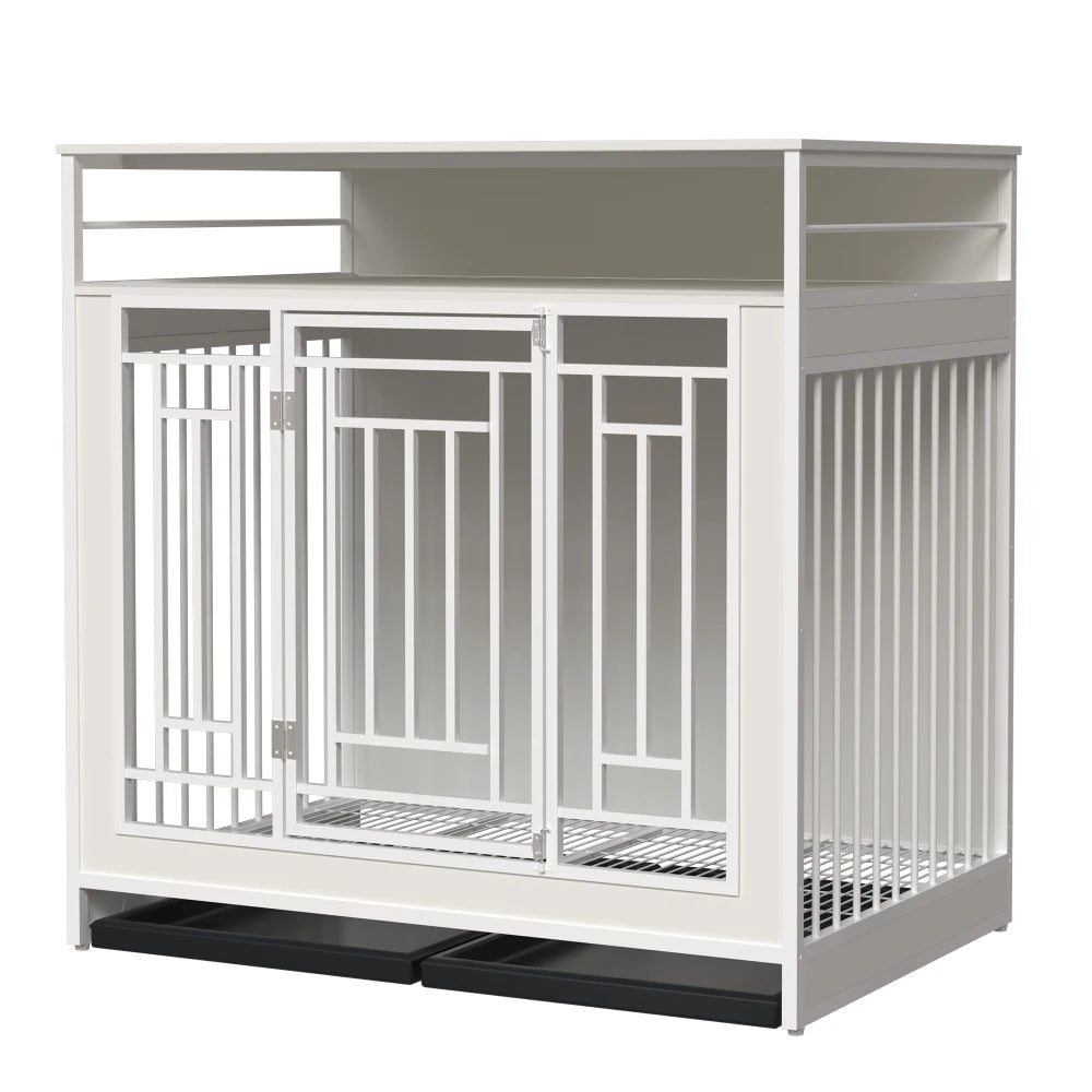 43.3 inch Dog Crate Furniture for Large Dogs ,Wooden with Divider, Double Door Dog with Three Drawers Storages